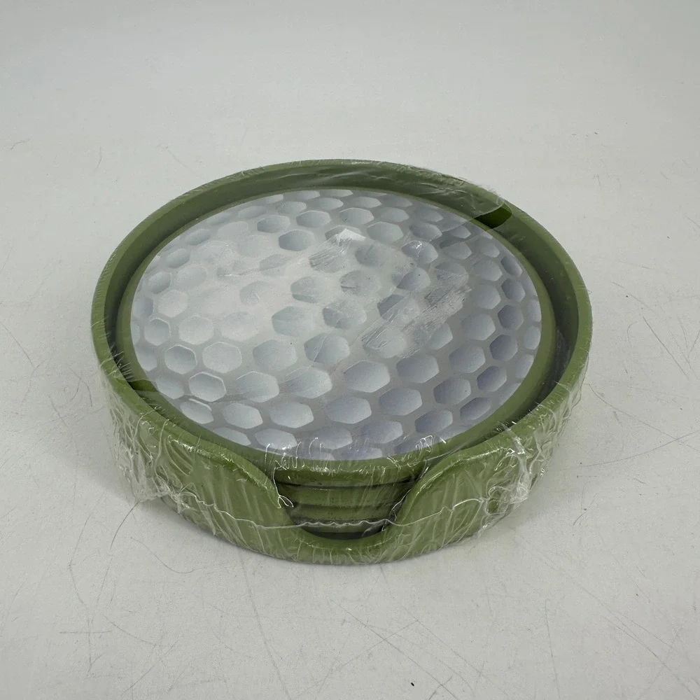 Pfaltzgraff Golf Ball Coaster Set of 4 with Green Holder 5293323 New